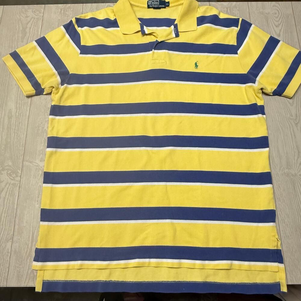 Polo Ralph Lauren Mens XL Yellow Navy Striped Polo Shirt Green Pony VTG Style